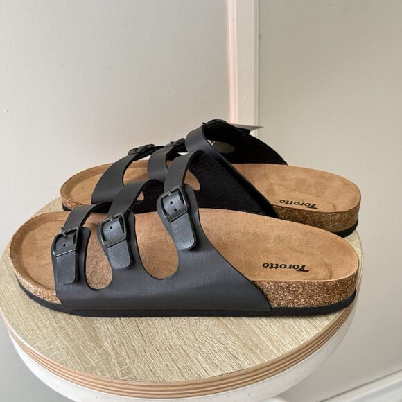NWT Torotto Mens Slides with Cork Footbed Open Toe Flat Sandals,Black, Size 44 - Picture 13 of 16